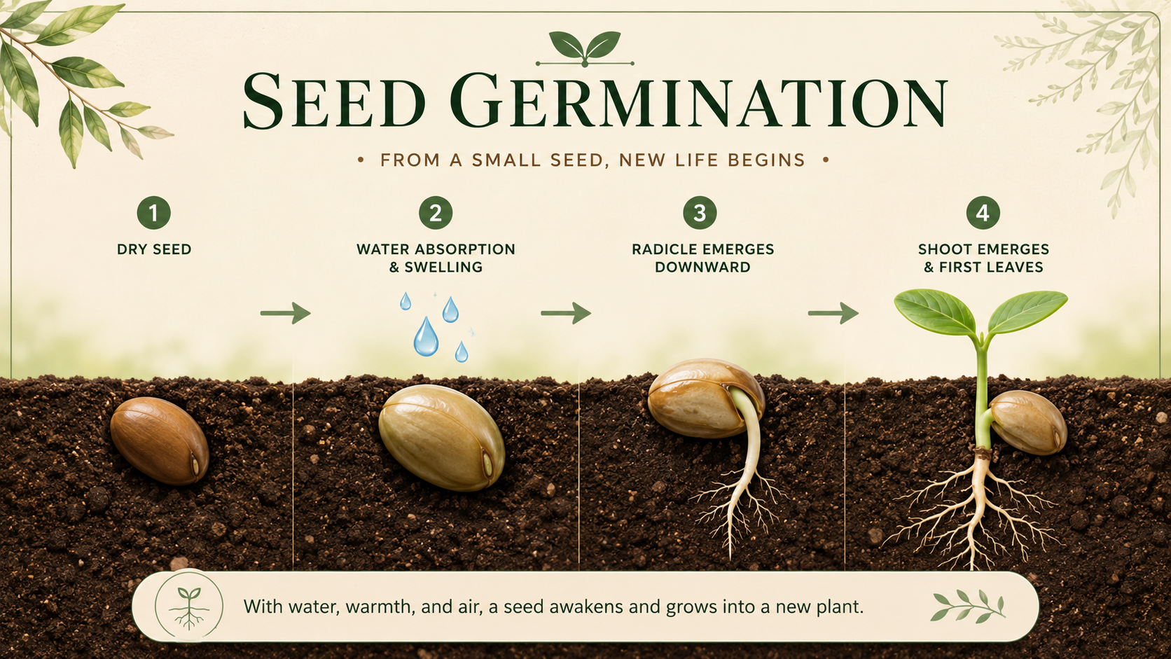 Seed germination learning carousel in landscape format