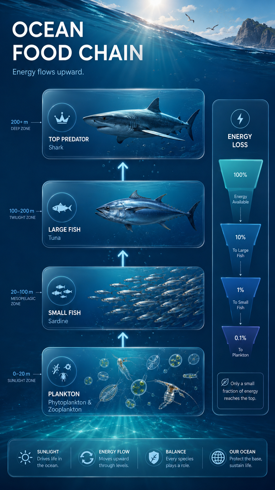 Ocean food chain biology infographic showing energy flow through ecosystem levels
