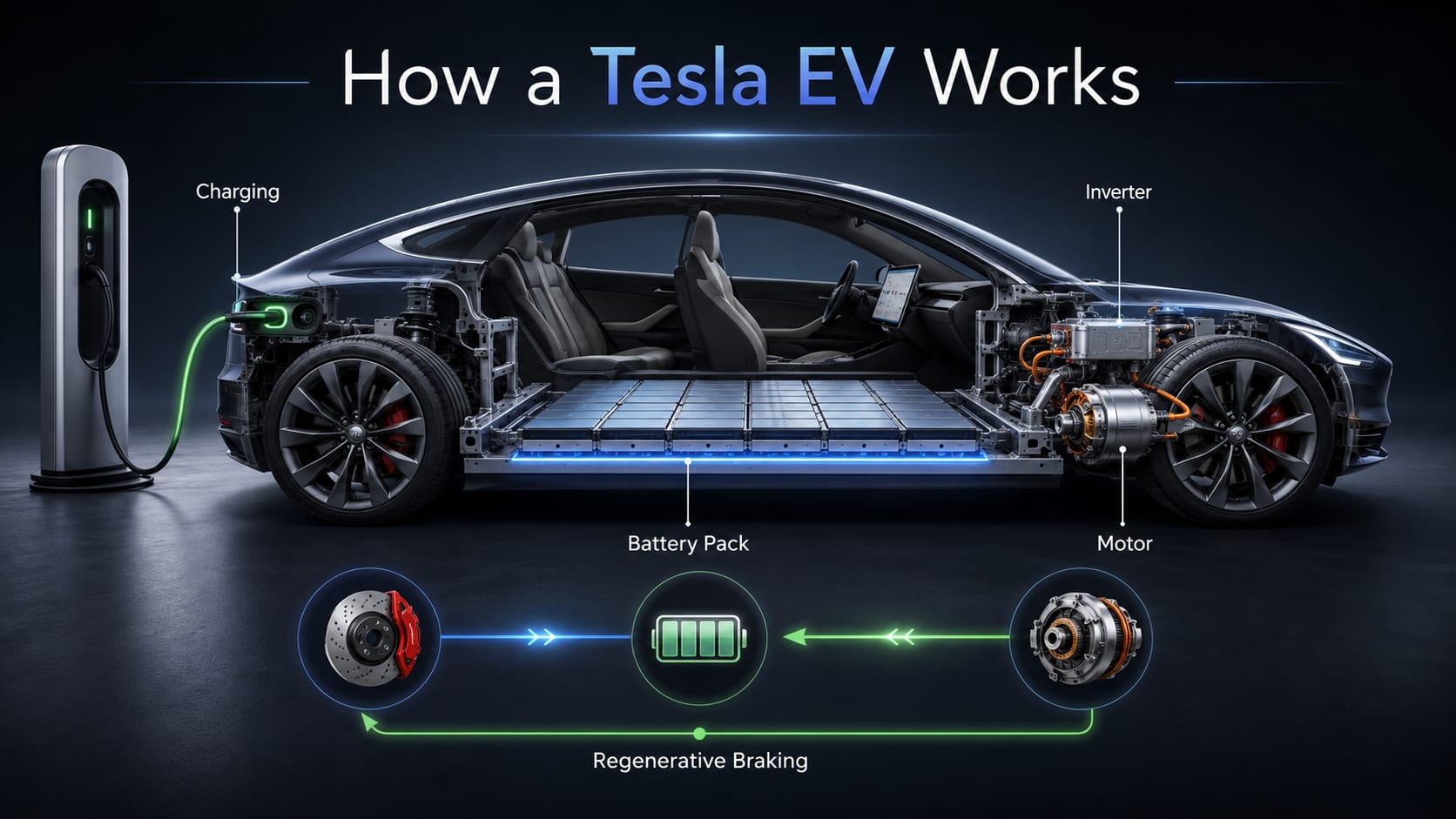 Electric vehicle infographic showing battery, motor, inverter, charger, and regenerative braking