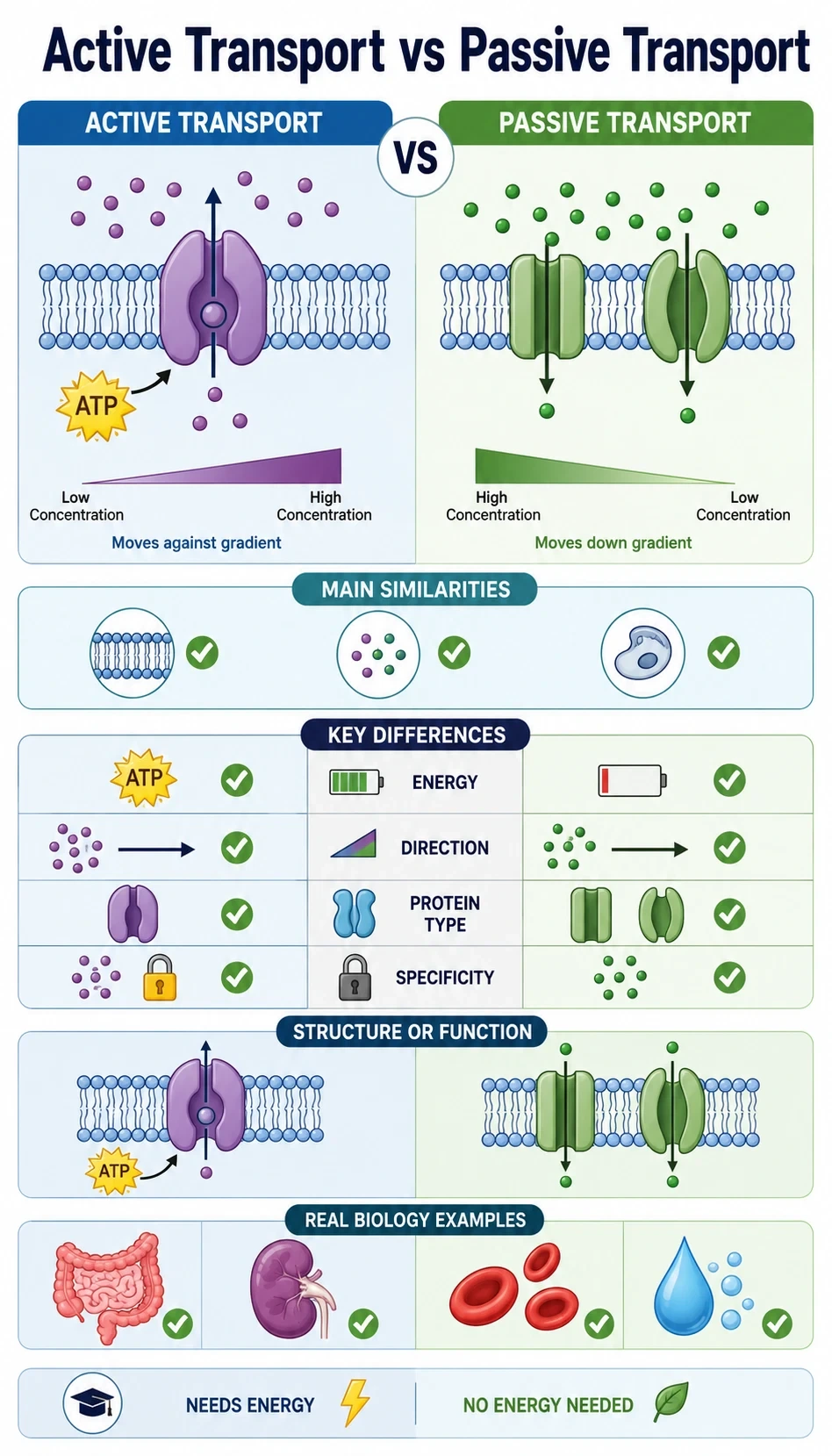 active transport vs passive transport infographic showing main similarities, key differences, structure or function, real biology examples