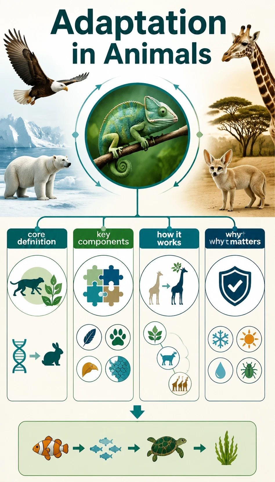 adaptation in animals infographic showing core definition, key components, how it works, why it matters