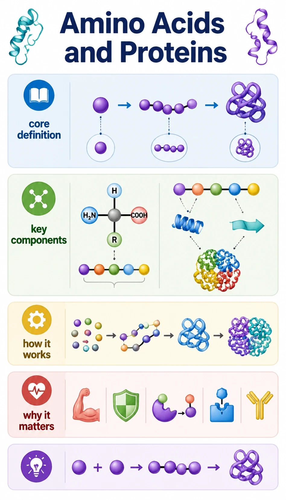 amino acids and proteins infographic showing core definition, key components, how it works, why it matters