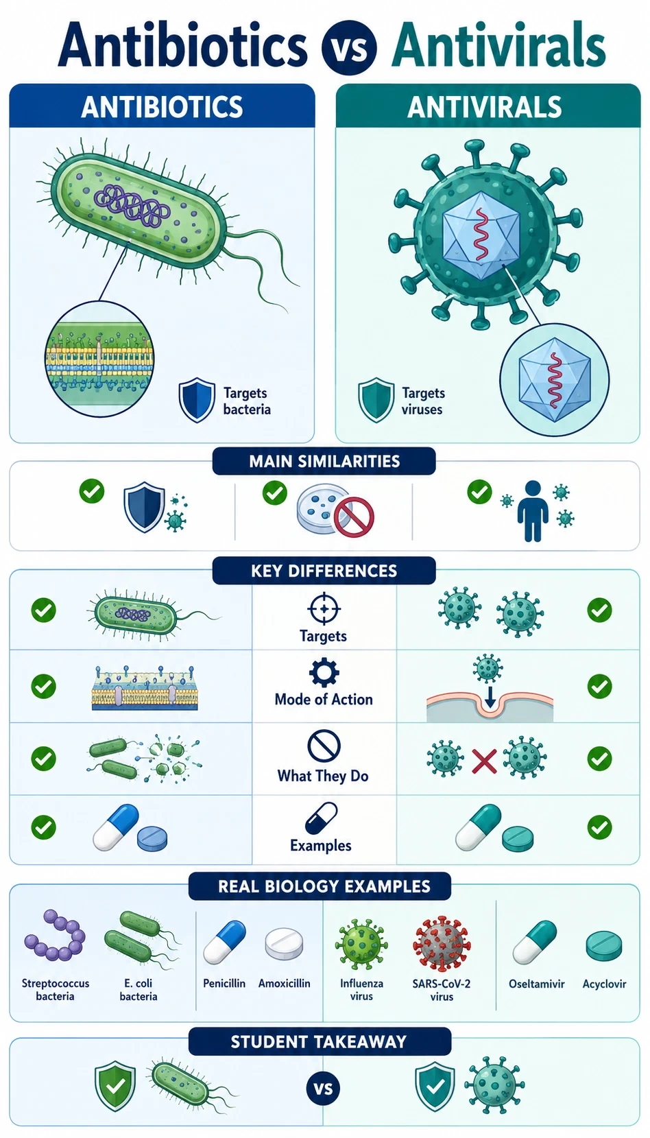 antibiotics vs antivirals infographic showing main similarities, key differences, structure or function, real biology examples