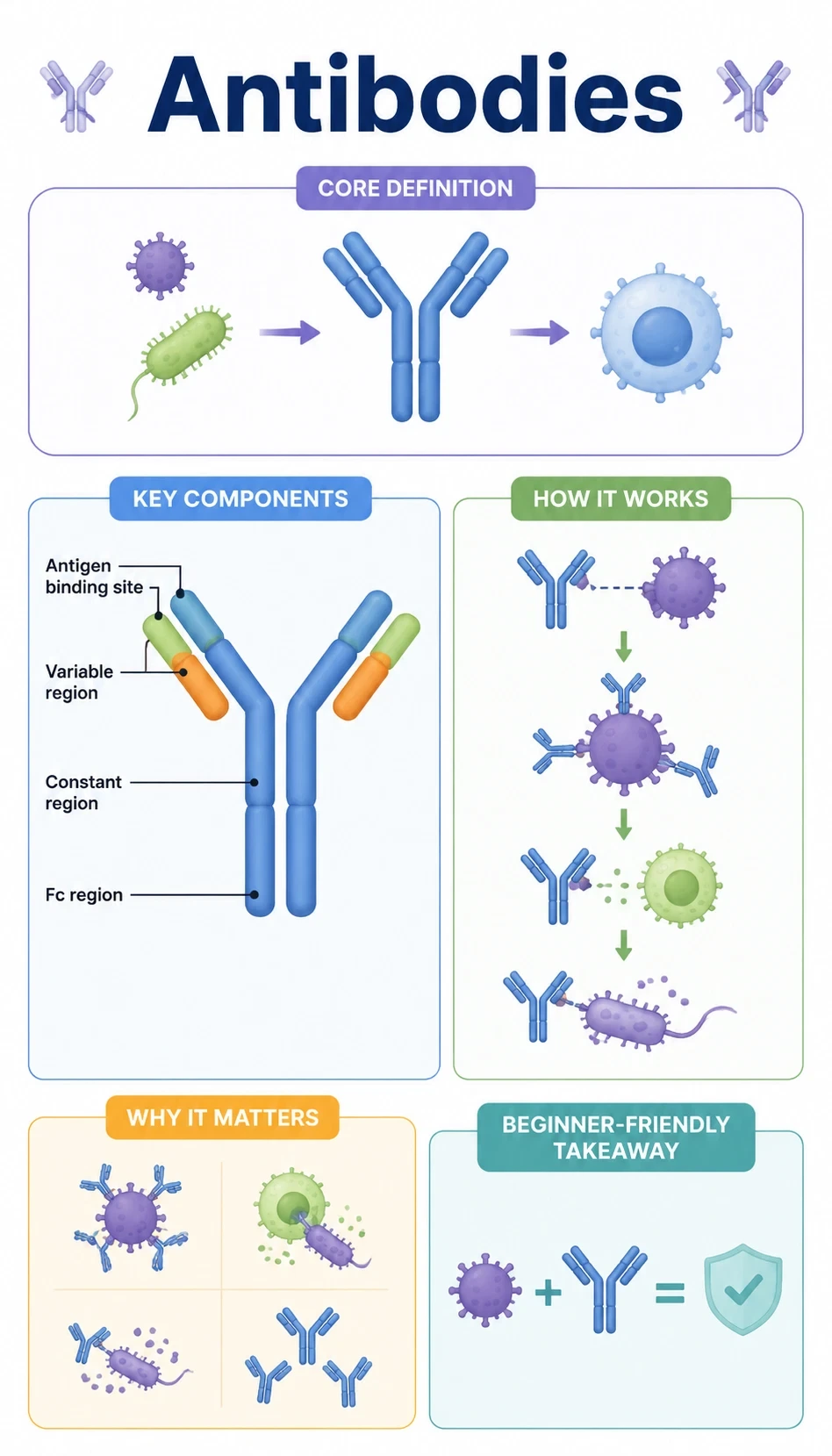 antibodies infographic showing core definition, key components, how it works, why it matters
