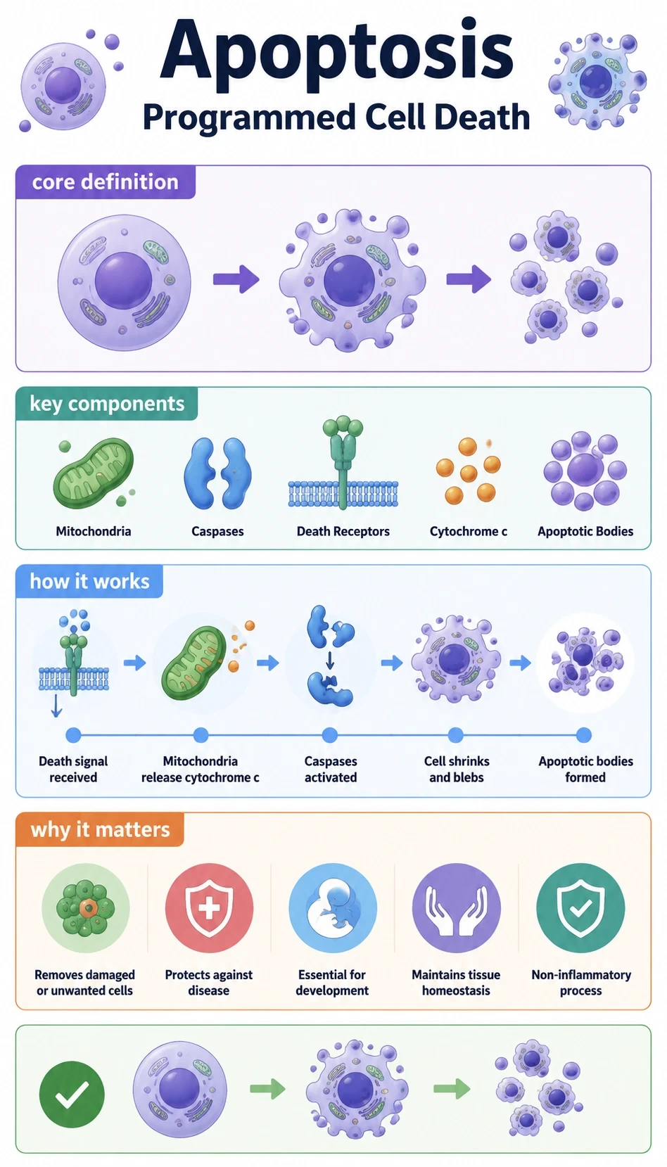 apoptosis programmed cell death infographic showing core definition, key components, how it works, why it matters