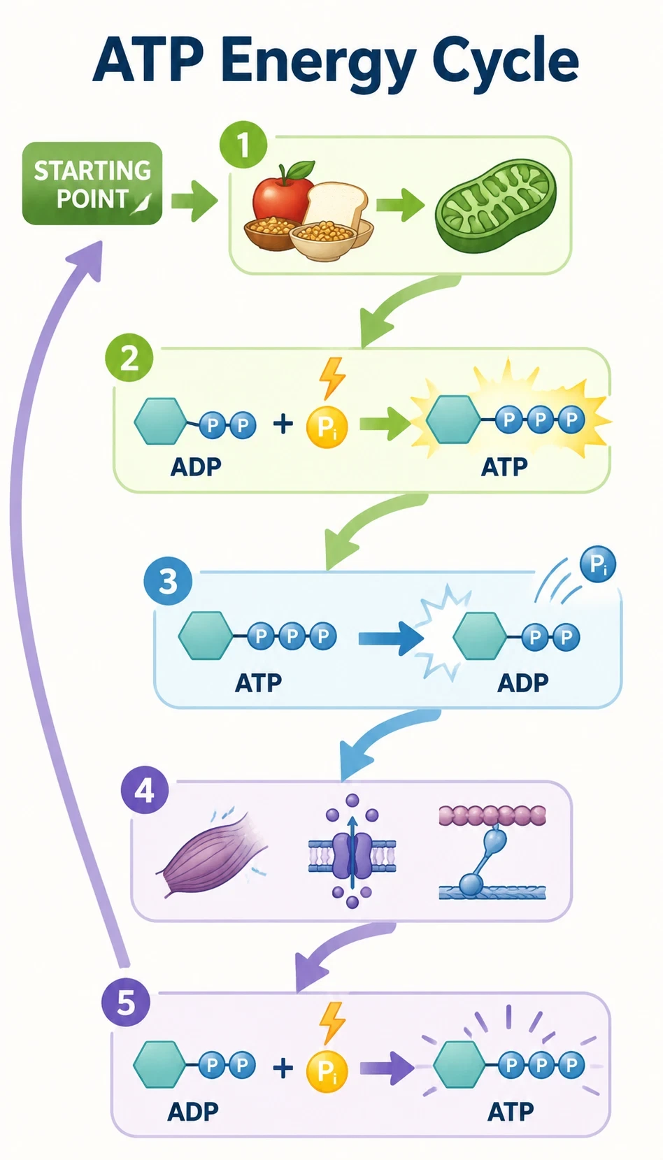 atp energy cycle infographic showing starting point, major steps, key molecules or structures, direction of flow
