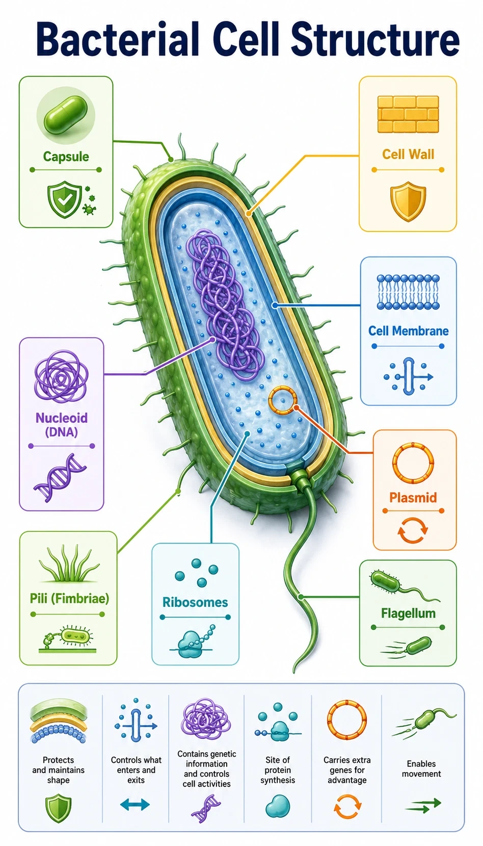 bacterial cell structure infographic showing main parts, terms and callouts, how each part functions, spatial relationships