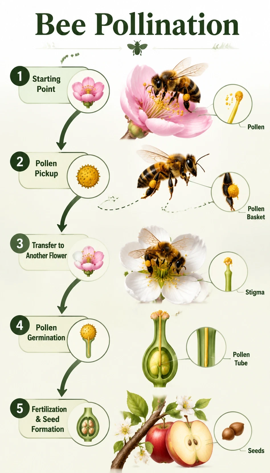 bee pollination infographic showing starting point, major steps, key molecules or structures, direction of flow