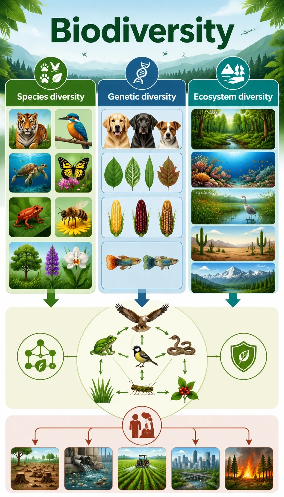 biodiversity infographic showing Biodiversity includes variety of species, Genetic diversity helps populations adapt, Ecosystem diversity supports different habitats, Biodiversity supports food webs and ecosystem stability