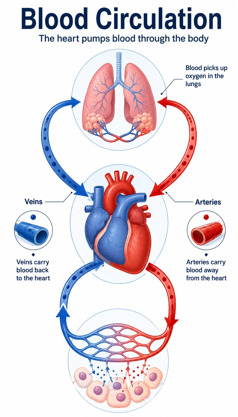 blood circulation infographic showing The heart pumps blood through the body, Arteries carry blood away from the heart, Veins carry blood back to the heart, Blood picks up oxygen in the lungs