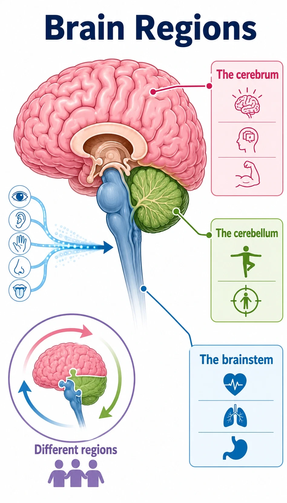 brain regions infographic showing The cerebrum supports thinking, memory, and voluntary movement, The cerebellum helps coordination and balance, The brainstem controls basic life functions, Different regions work together