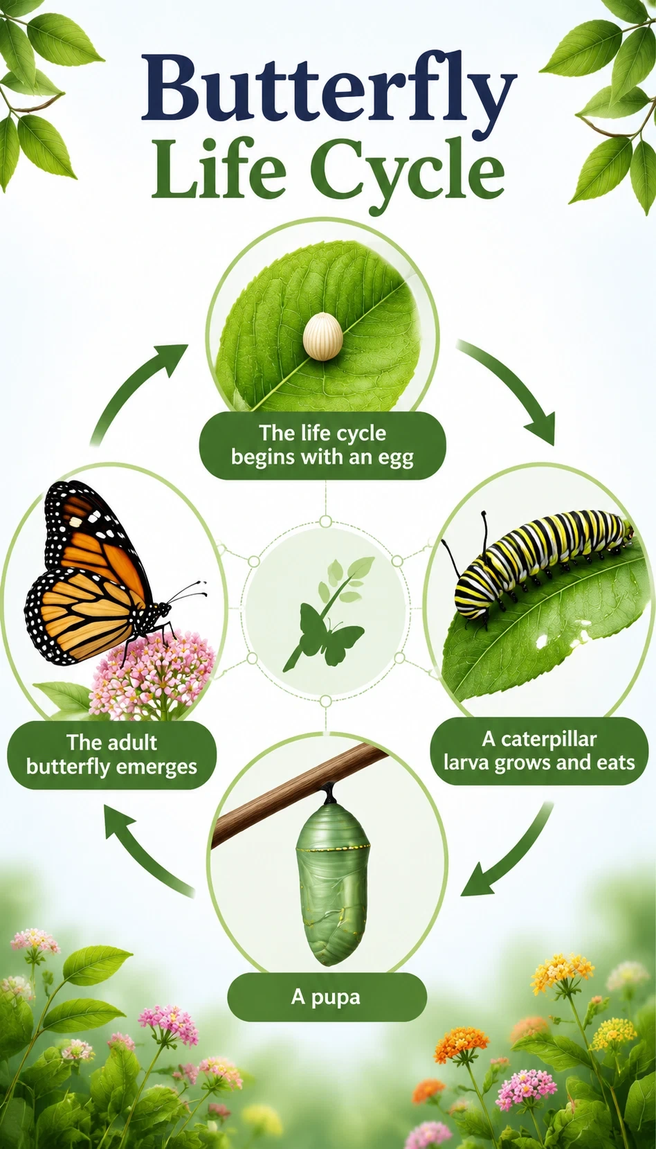 butterfly life cycle infographic showing The life cycle begins with an egg, A caterpillar larva grows and eats, A pupa forms during transformation, The adult butterfly emerges