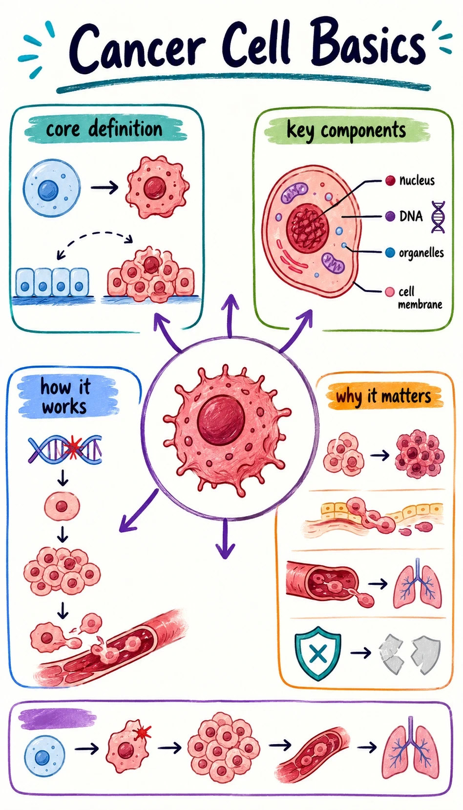 cancer cell basics infographic showing core definition, key components, how it works, why it matters