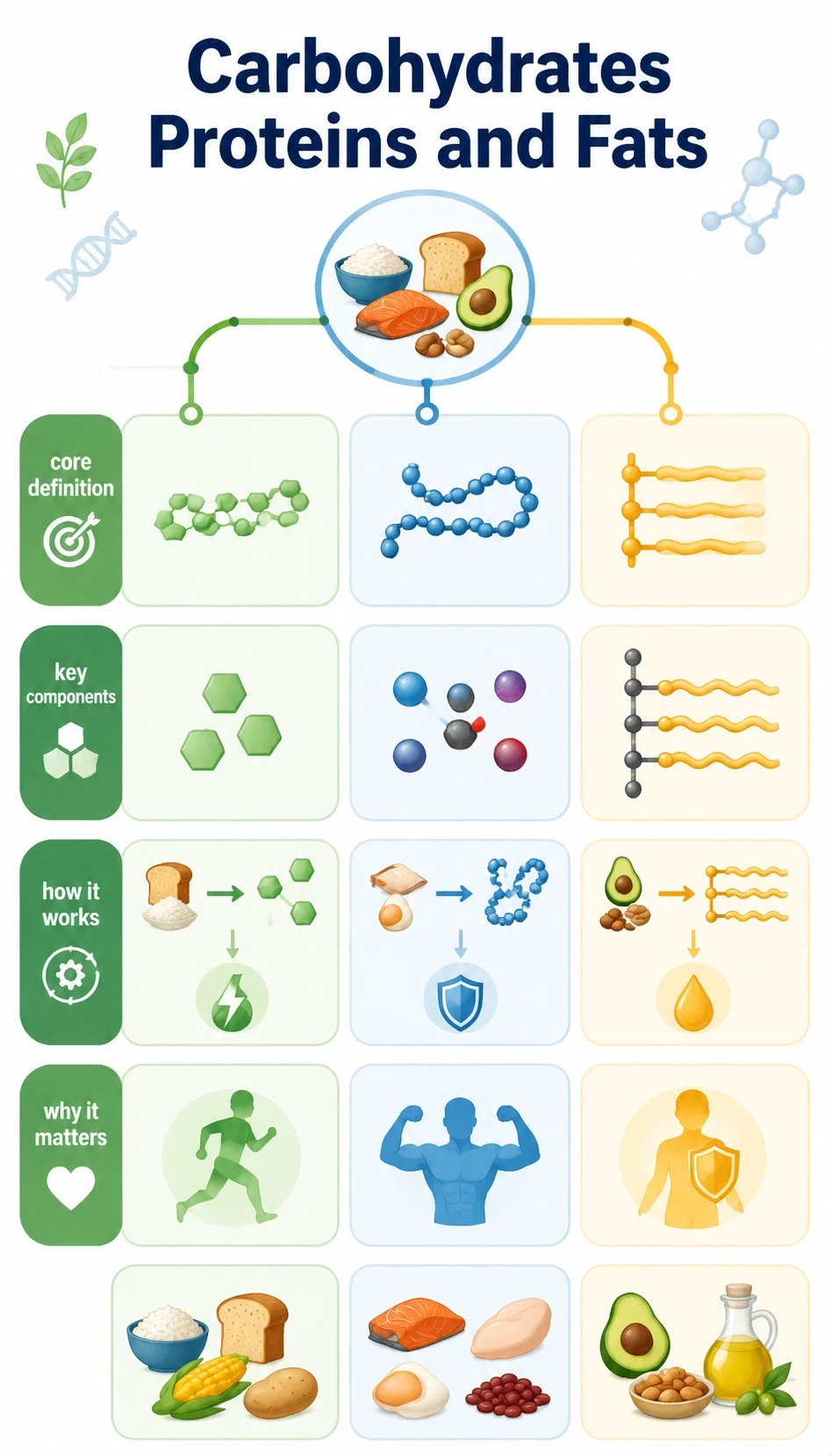 carbohydrates proteins and fats infographic showing core definition, key components, how it works, why it matters
