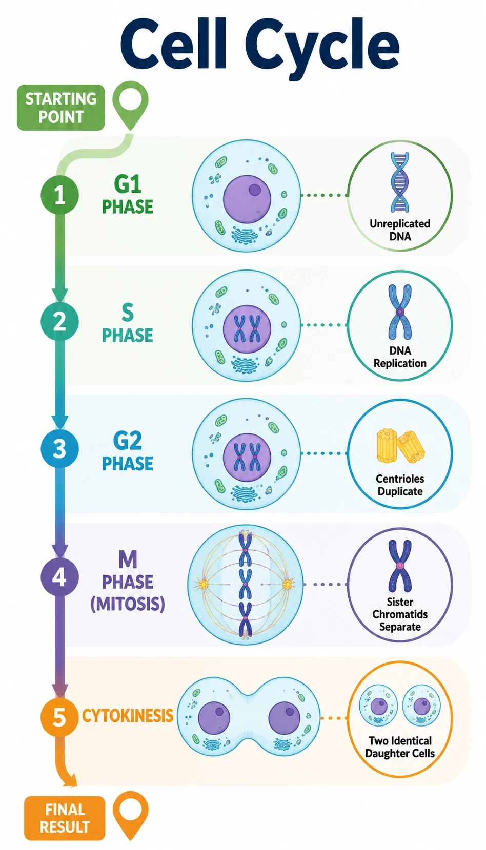 cell cycle infographic showing starting point, major steps, key molecules or structures, direction of flow