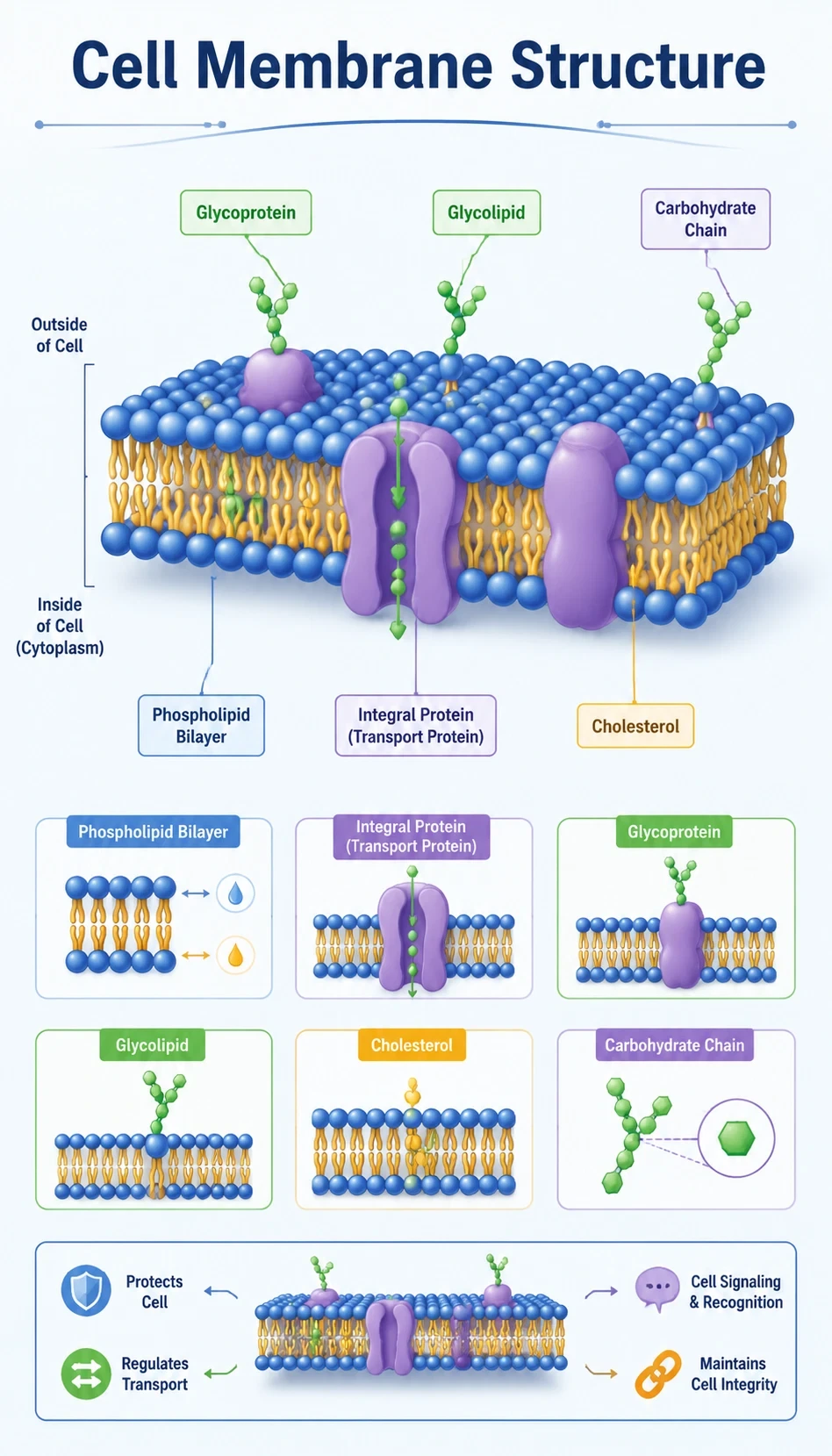 cell membrane structure infographic showing main parts, terms and callouts, how each part functions, spatial relationships
