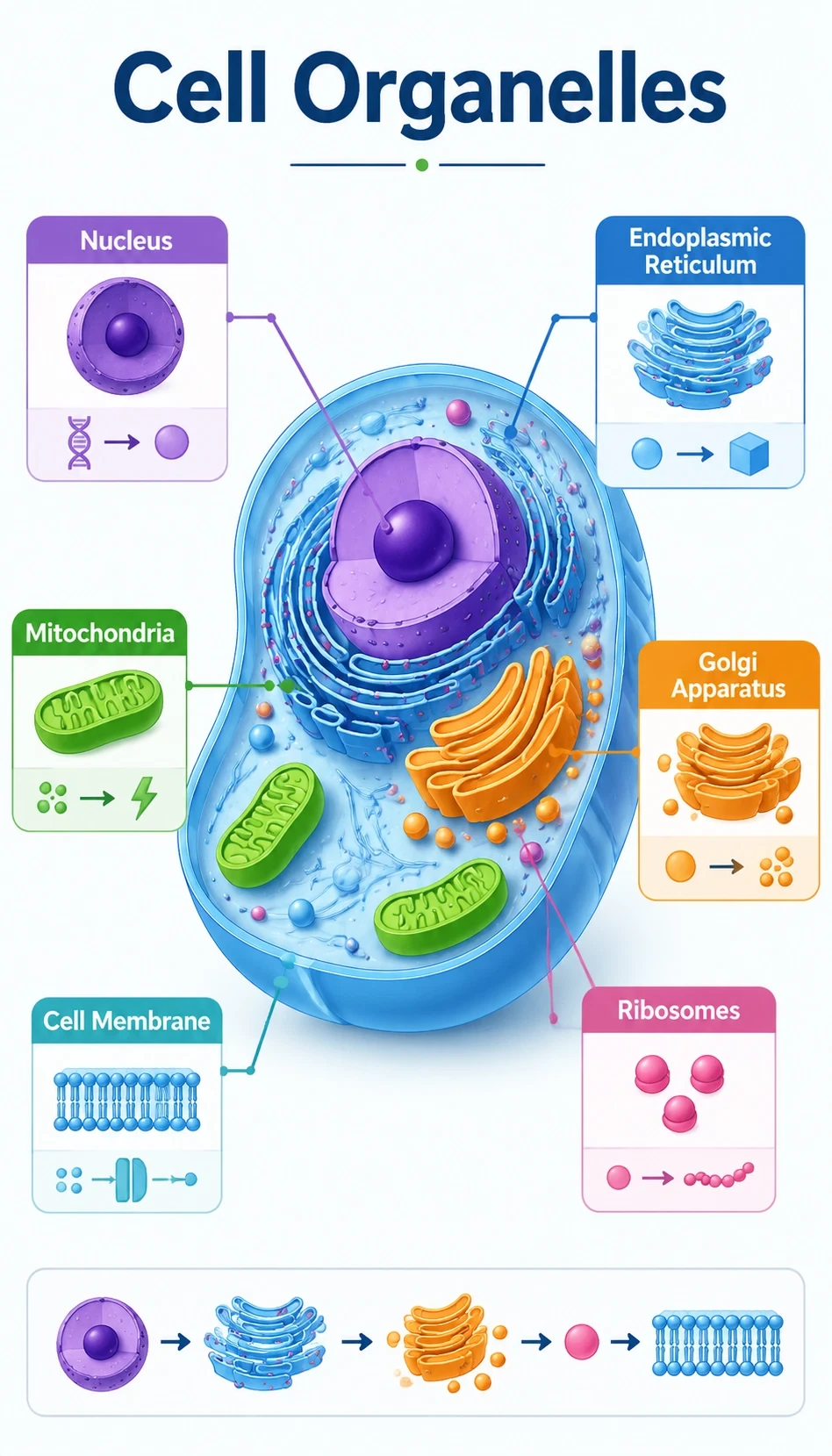 cell organelles infographic showing main parts, terms and callouts, how each part functions, spatial relationships