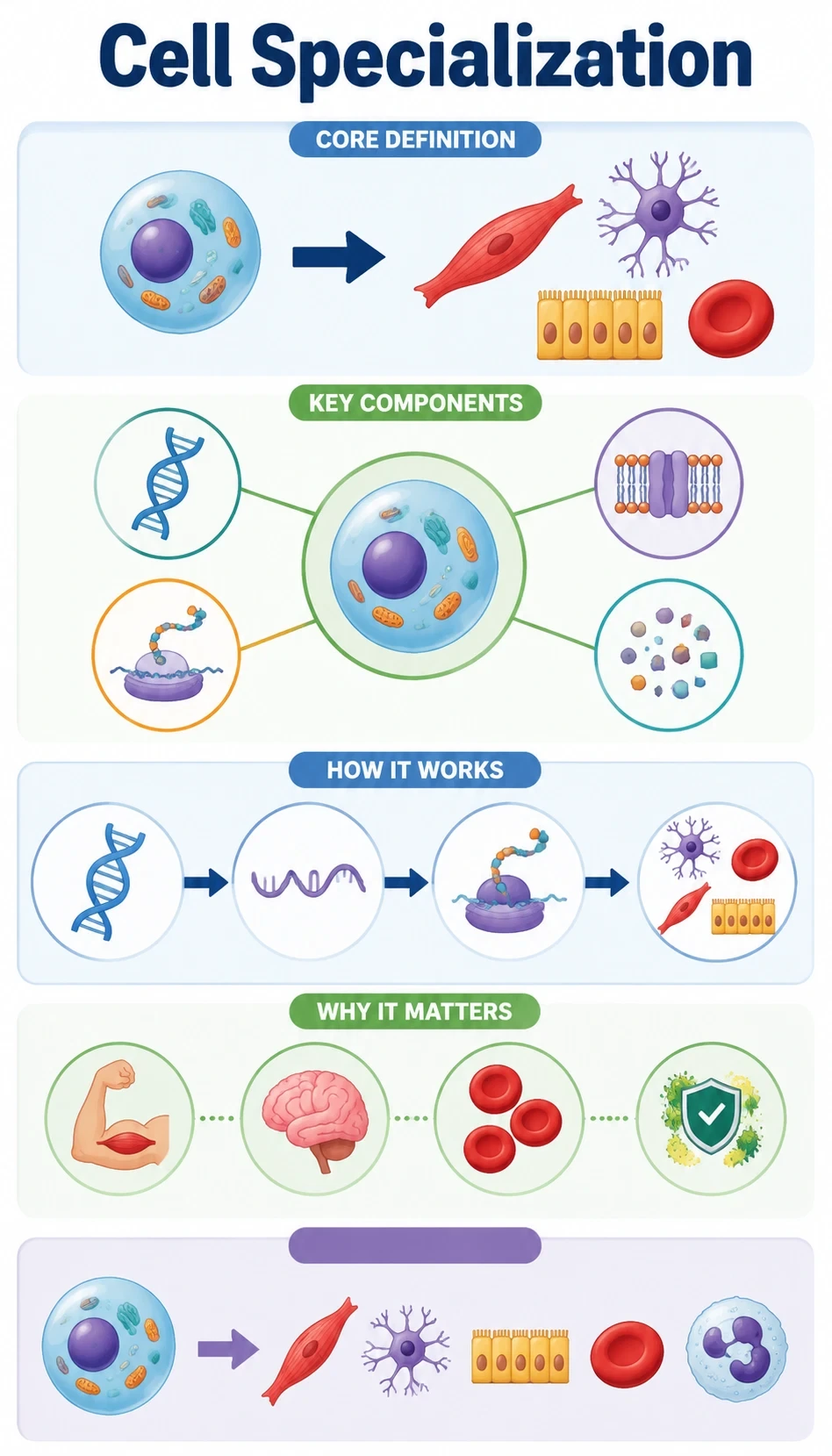 cell specialization infographic showing core definition, key components, how it works, why it matters