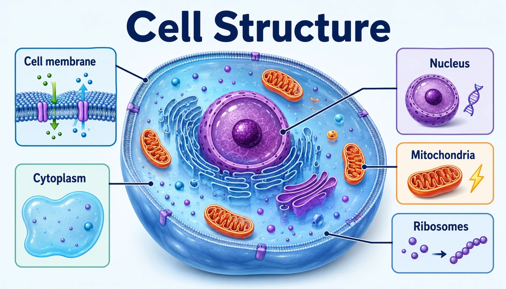 cell structure infographic showing Cell membrane controls what enters and leaves the cell, Cytoplasm supports internal cell processes, Nucleus stores genetic information, Mitochondria help release usable energy