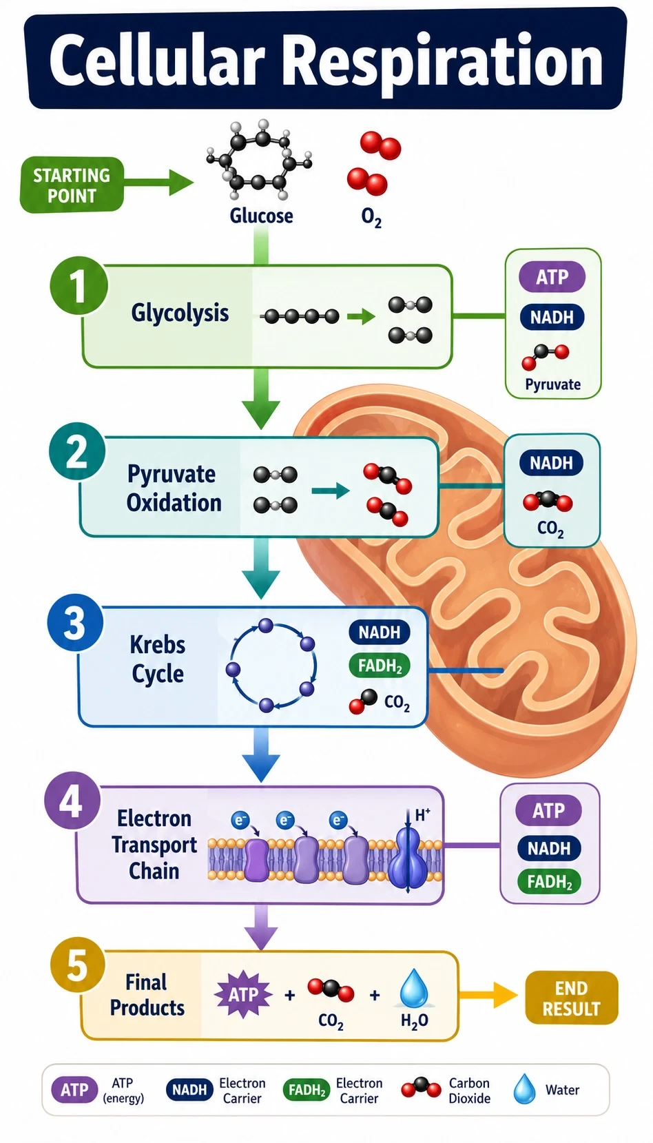 cellular respiration infographic showing starting point, major steps, key molecules or structures, direction of flow