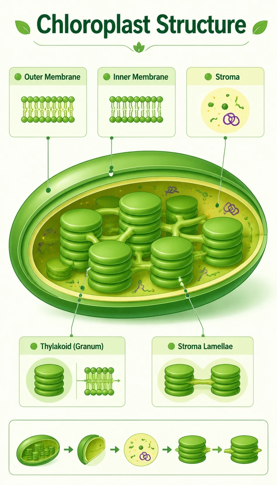 chloroplast structure infographic showing main parts, terms and callouts, how each part functions, spatial relationships