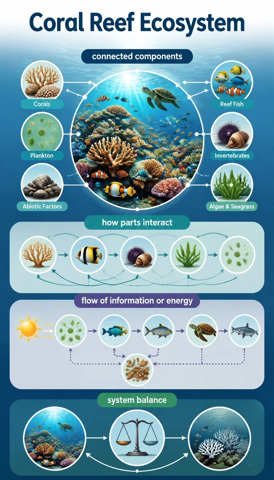 coral reef ecosystem infographic showing connected components, how parts interact, flow of information or energy, system balance