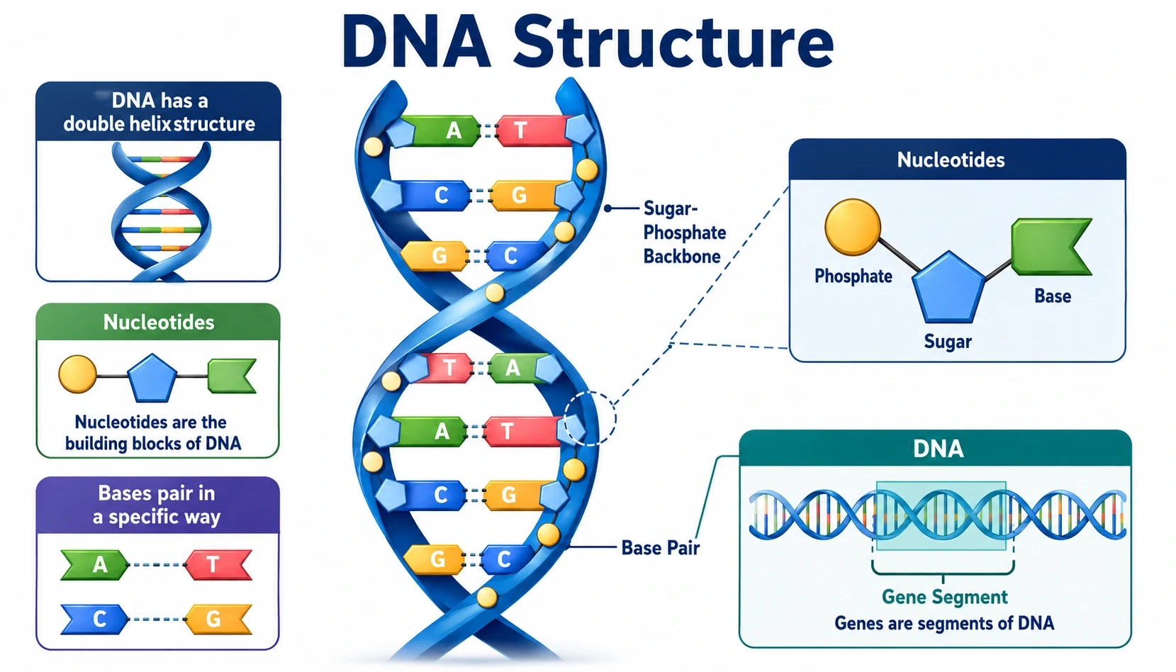 dna structure infographic showing DNA has a double helix structure, Nucleotides are the building blocks of DNA, Bases pair in a specific way, DNA carries instructions for inherited traits