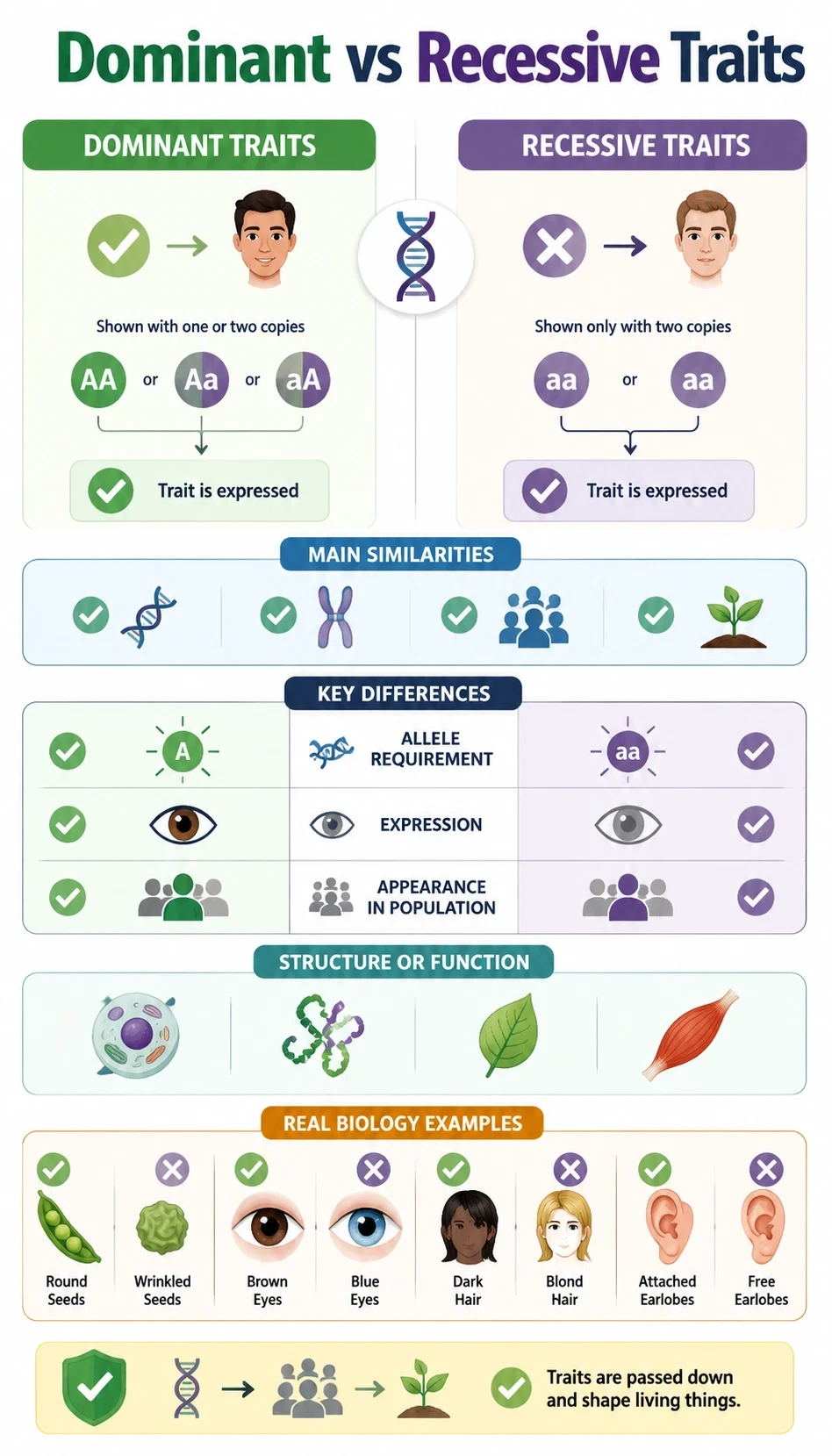 dominant vs recessive traits infographic showing main similarities, key differences, structure or function, real biology examples