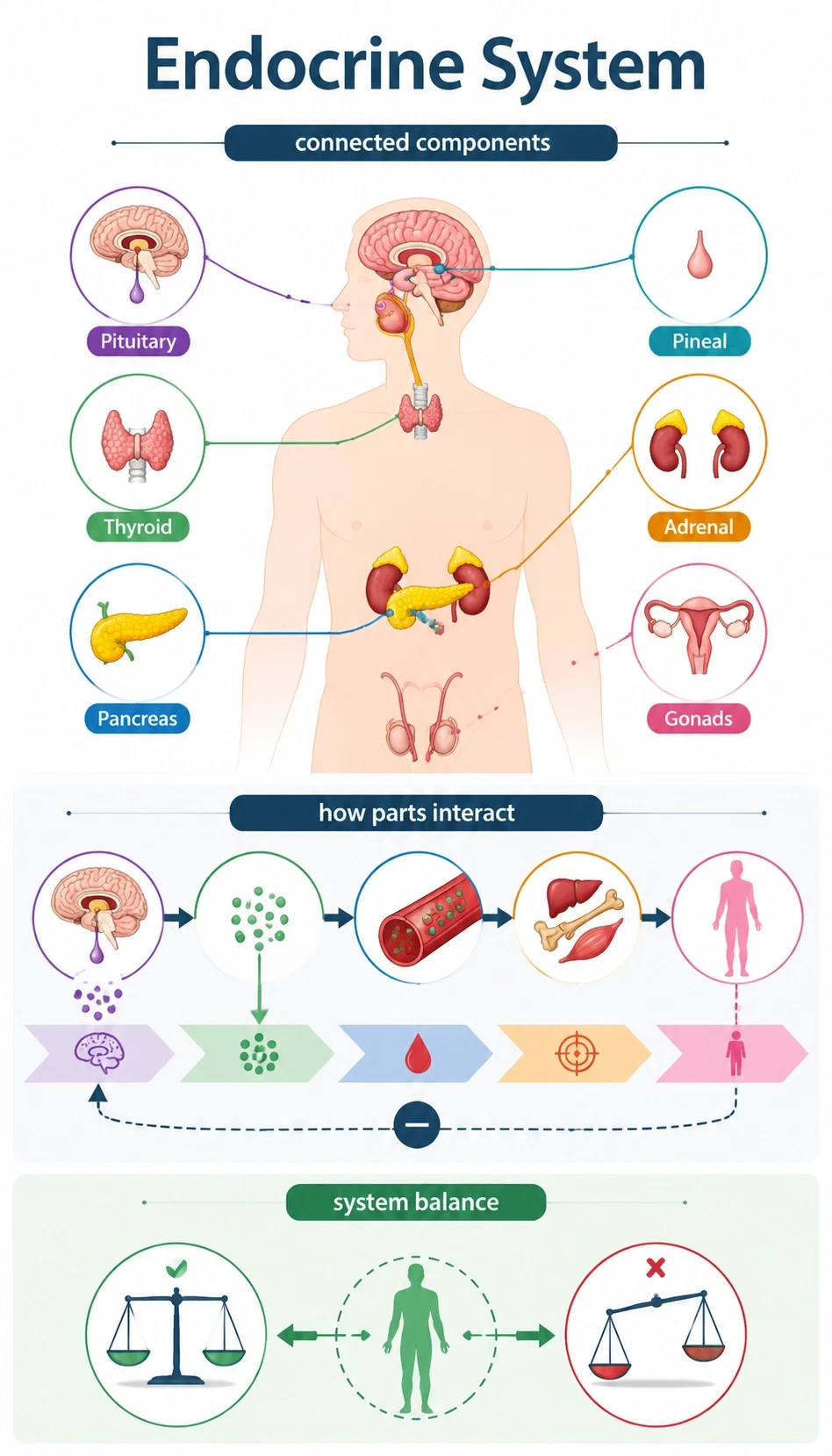 endocrine system infographic showing connected components, how parts interact, flow of information or energy, system balance