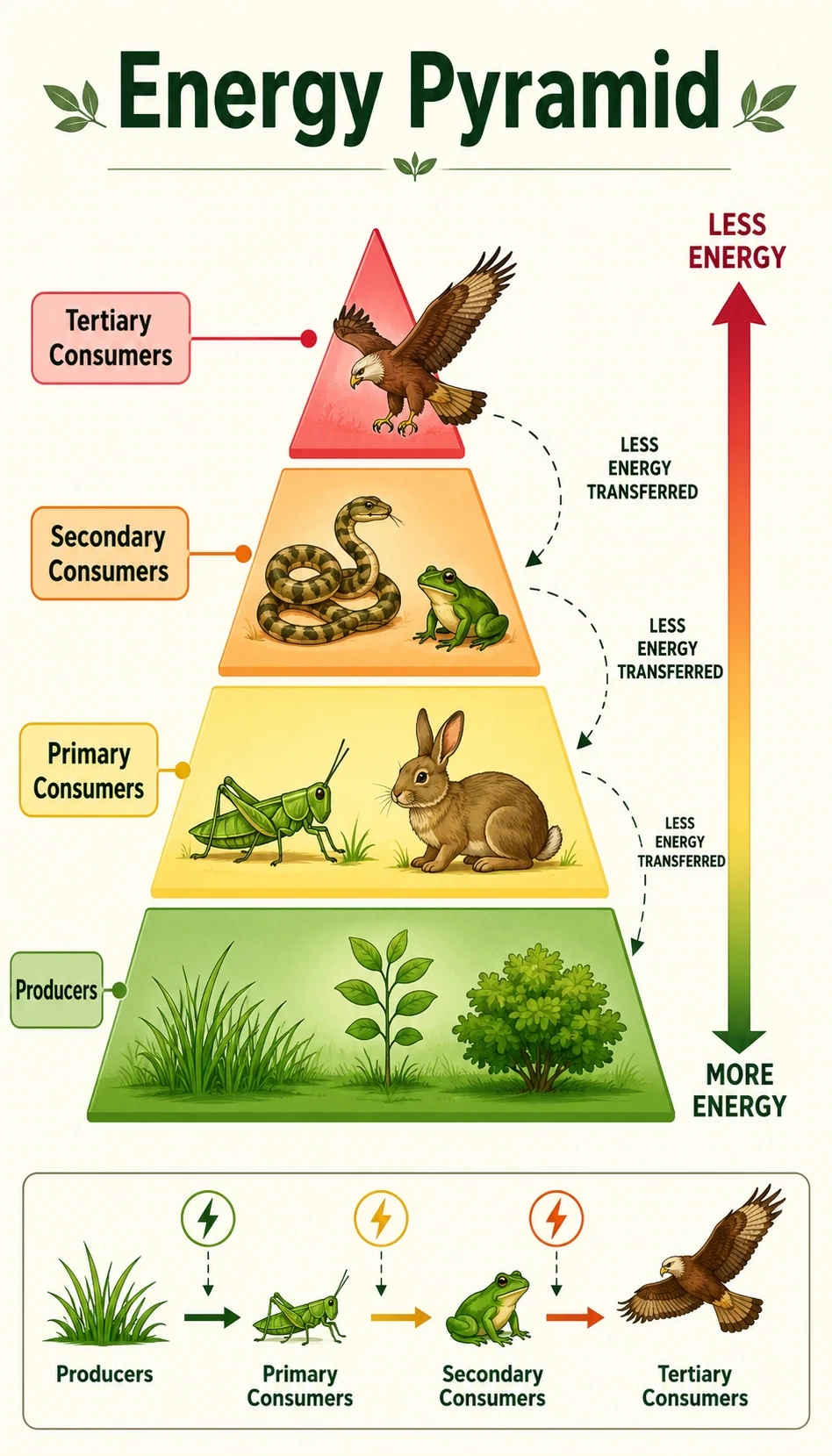 energy pyramid infographic showing levels, direction of energy or scale, examples at each level, relationship between layers
