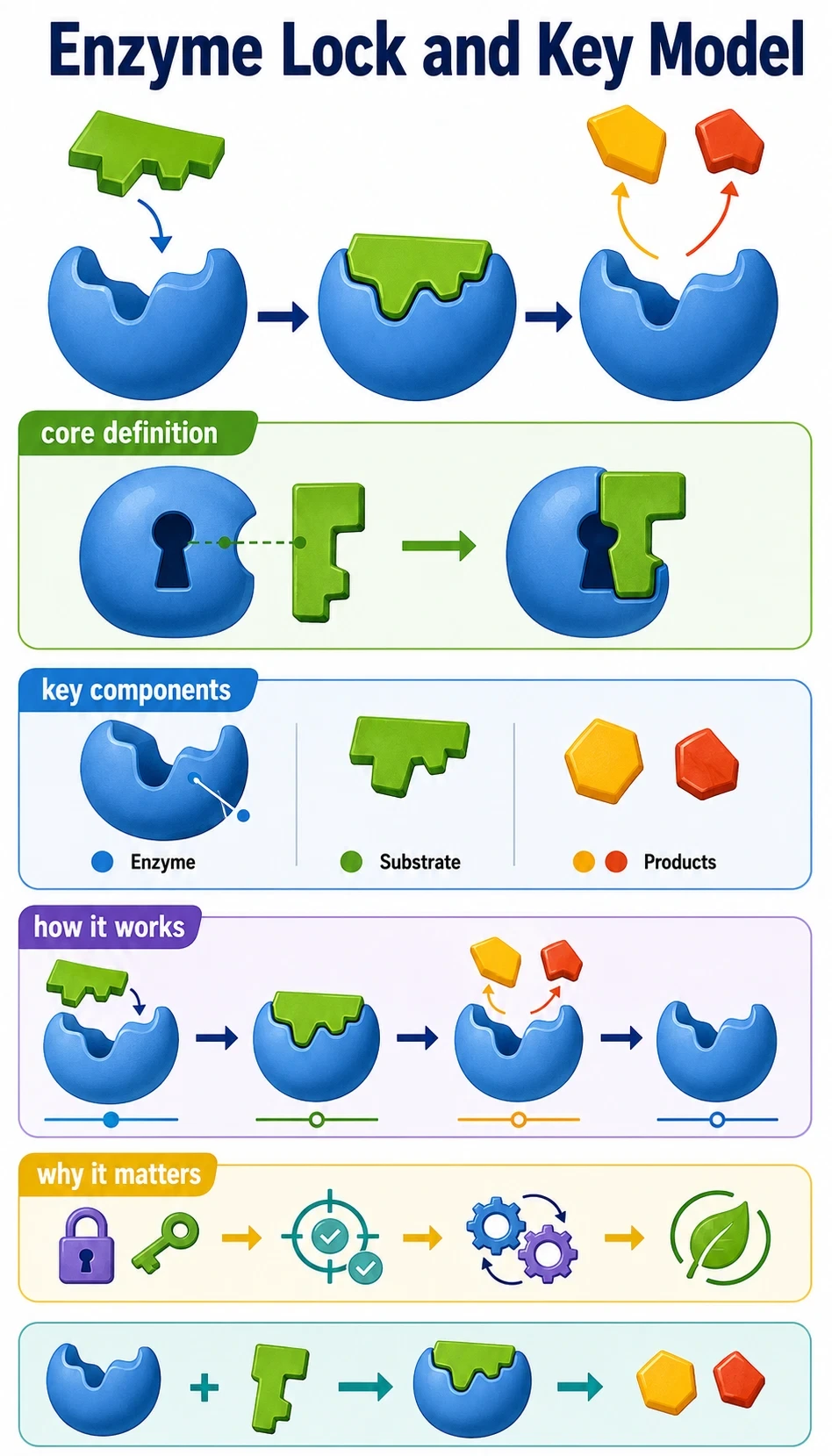 enzyme lock and key model infographic showing core definition, key components, how it works, why it matters