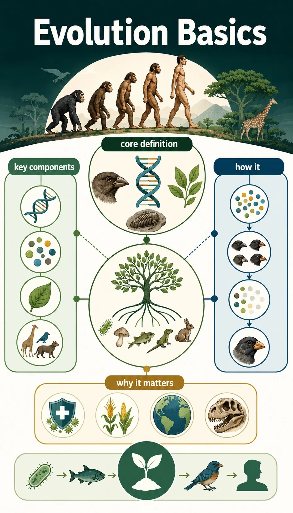 evolution basics infographic showing core definition, key components, how it works, why it matters