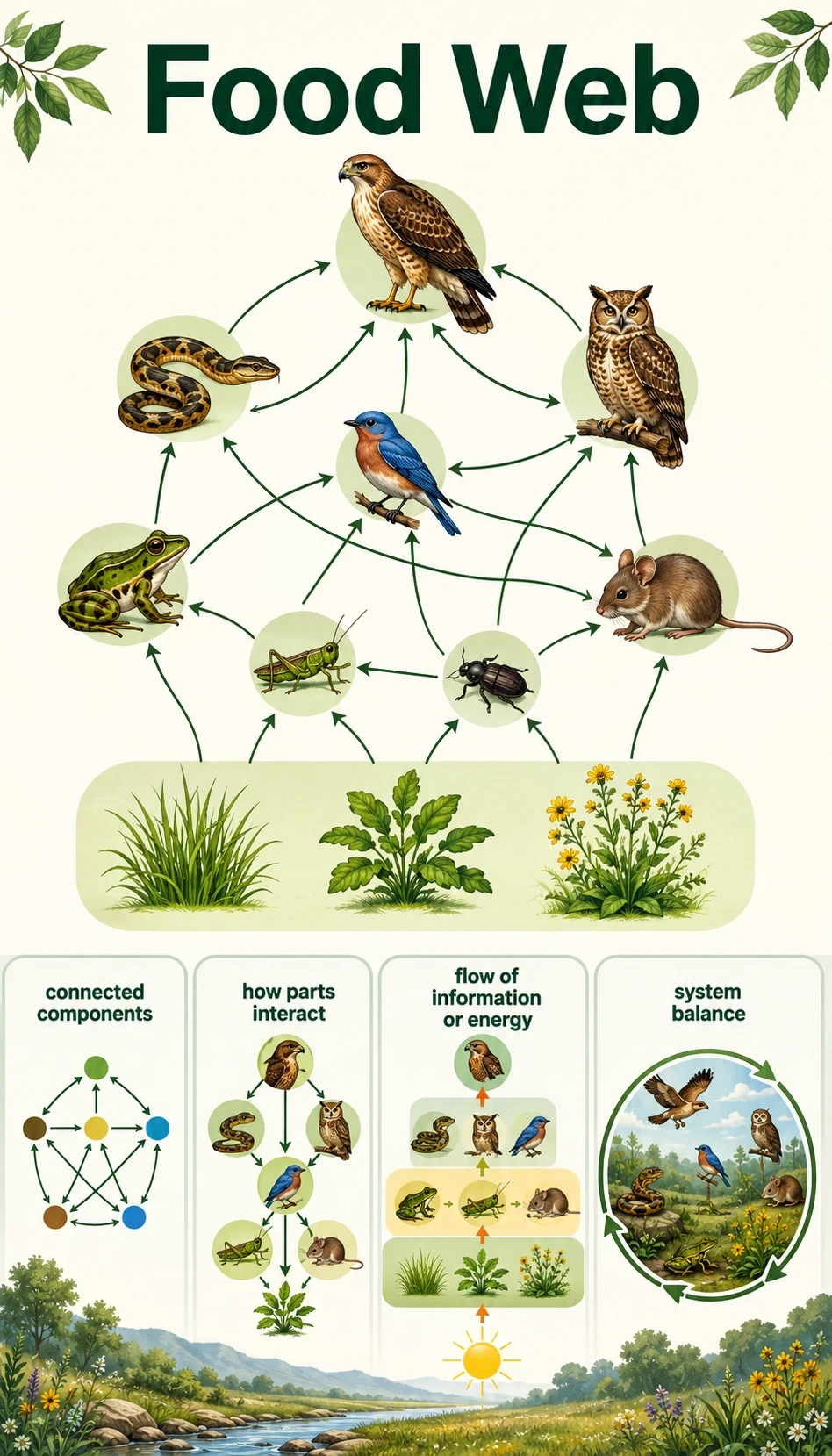 food web infographic showing connected components, how parts interact, flow of information or energy, system balance