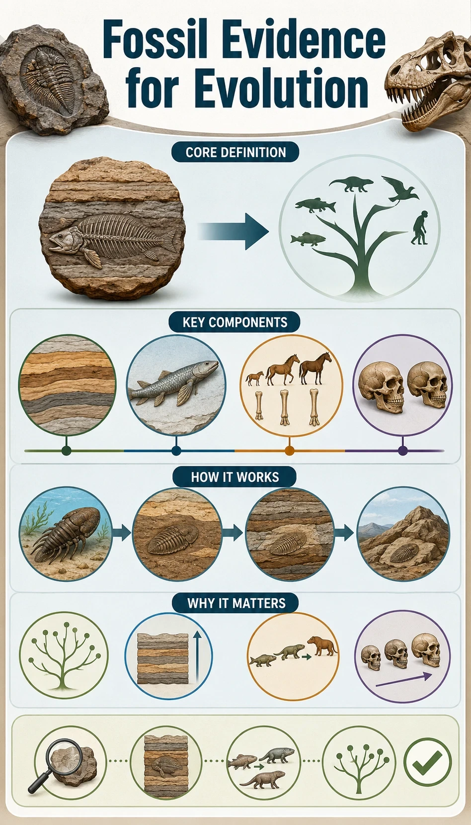 fossil evidence for evolution infographic showing core definition, key components, how it works, why it matters