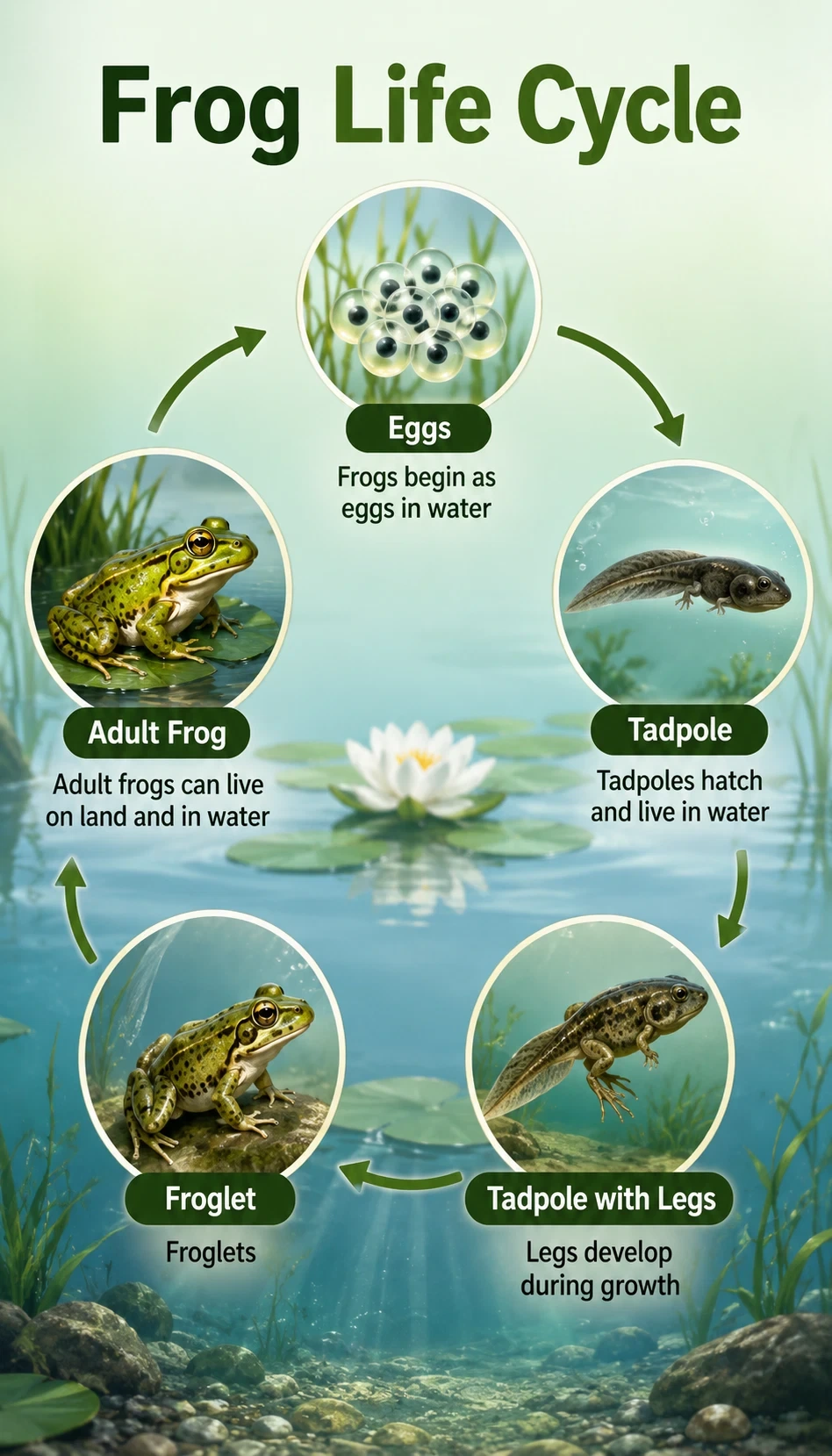 frog life cycle infographic showing Frogs begin as eggs in water, Tadpoles hatch and live in water, Legs develop during growth, Froglets begin to look like adult frogs