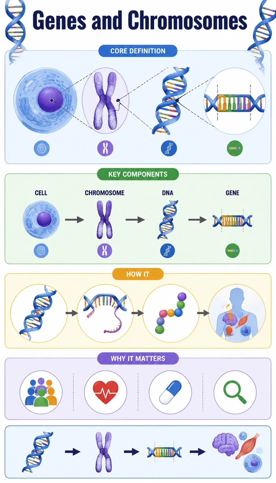 genes and chromosomes infographic showing core definition, key components, how it works, why it matters