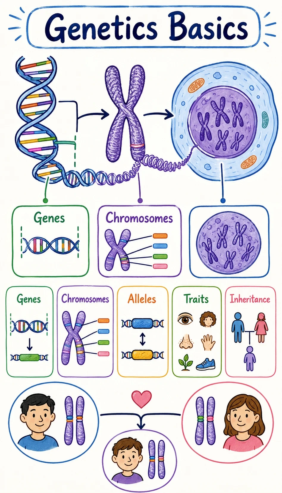 genetics basics infographic showing Genes are segments of DNA, Chromosomes carry many genes, Traits can be influenced by inherited information, Alleles are different versions of a gene