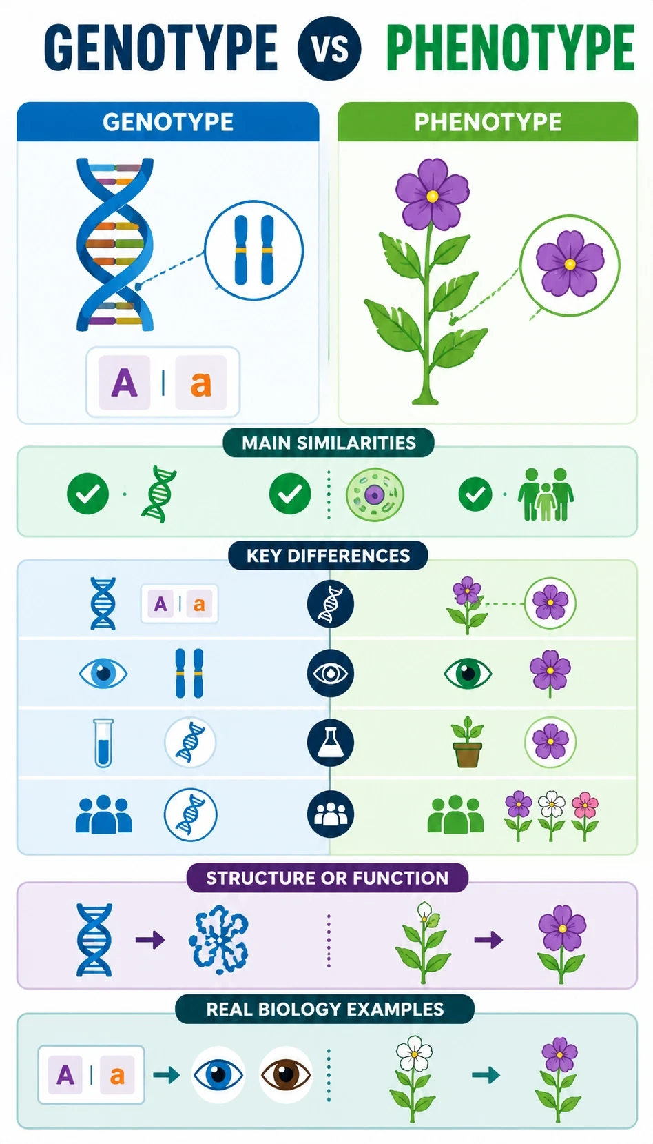 genotype vs phenotype infographic showing main similarities, key differences, structure or function, real biology examples