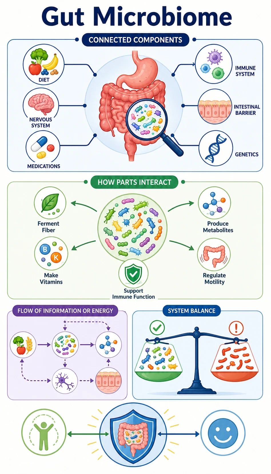 gut microbiome infographic showing connected components, how parts interact, flow of information or energy, system balance