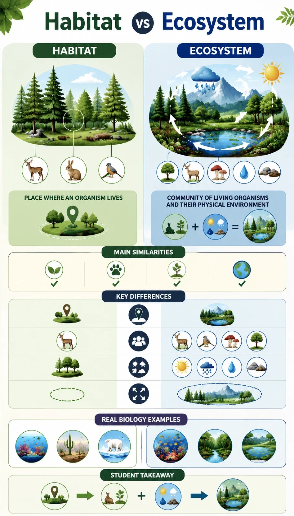 habitat vs ecosystem infographic showing main similarities, key differences, structure or function, real biology examples