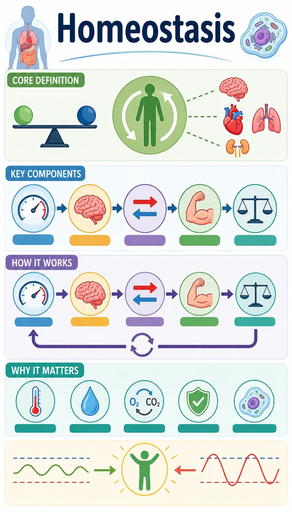 homeostasis infographic showing core definition, key components, how it works, why it matters