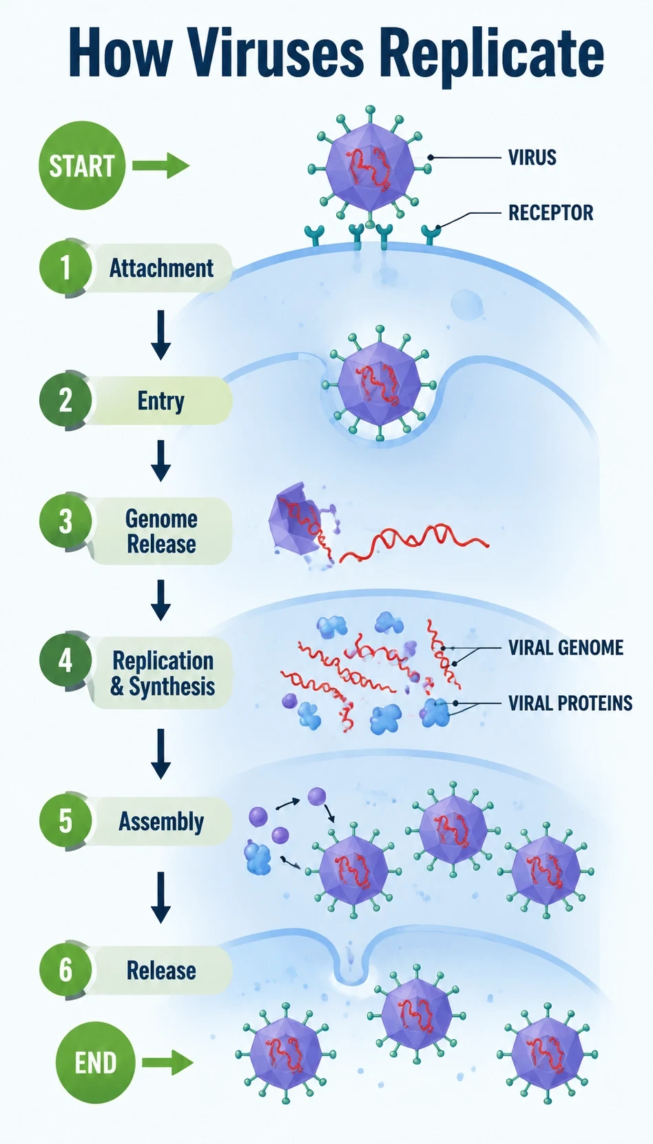 how viruses replicate infographic showing starting point, major steps, key molecules or structures, direction of flow