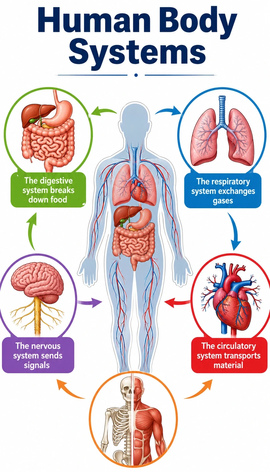 human body systems infographic showing The digestive system breaks down food, The respiratory system exchanges gases, The circulatory system transports materials, The nervous system sends signals