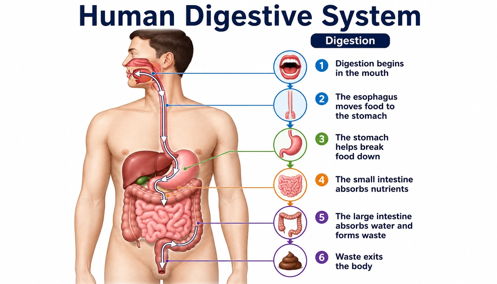 human digestive system infographic showing Digestion begins in the mouth, The esophagus moves food to the stomach, The stomach helps break food down, The small intestine absorbs nutrients