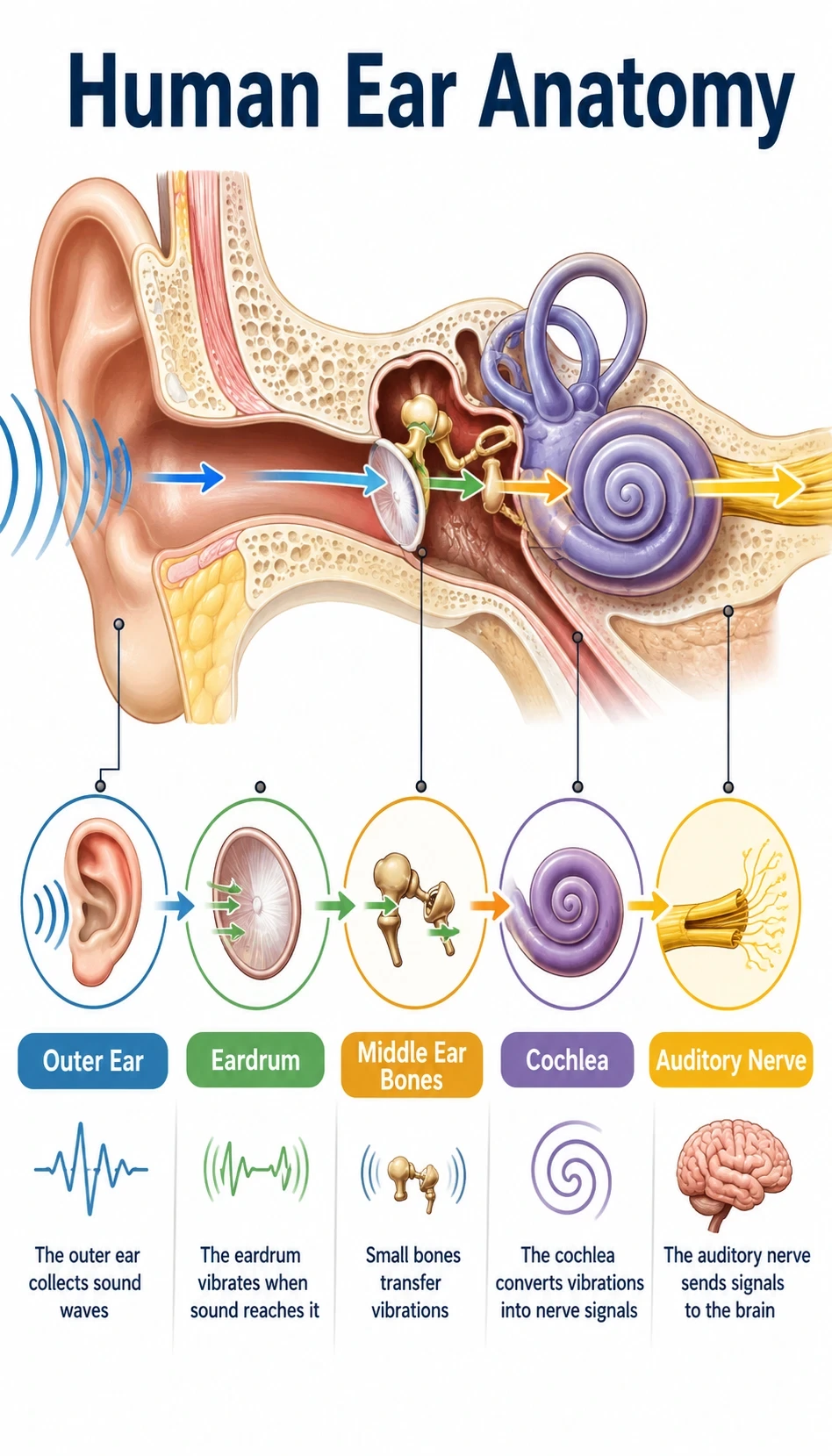 human ear anatomy infographic showing The outer ear collects sound waves, The eardrum vibrates when sound reaches it, Small bones transfer vibrations, The cochlea converts vibrations into nerve signals