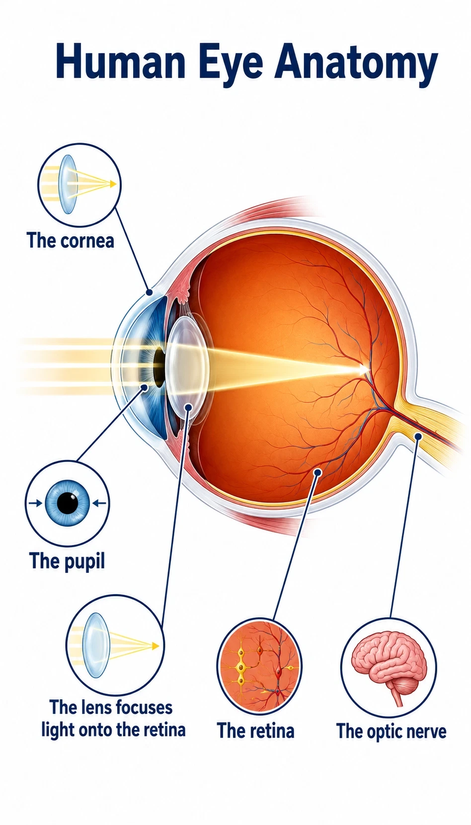 human eye anatomy infographic showing The cornea helps focus incoming light, The pupil controls how much light enters, The lens focuses light onto the retina, The retina detects light signals