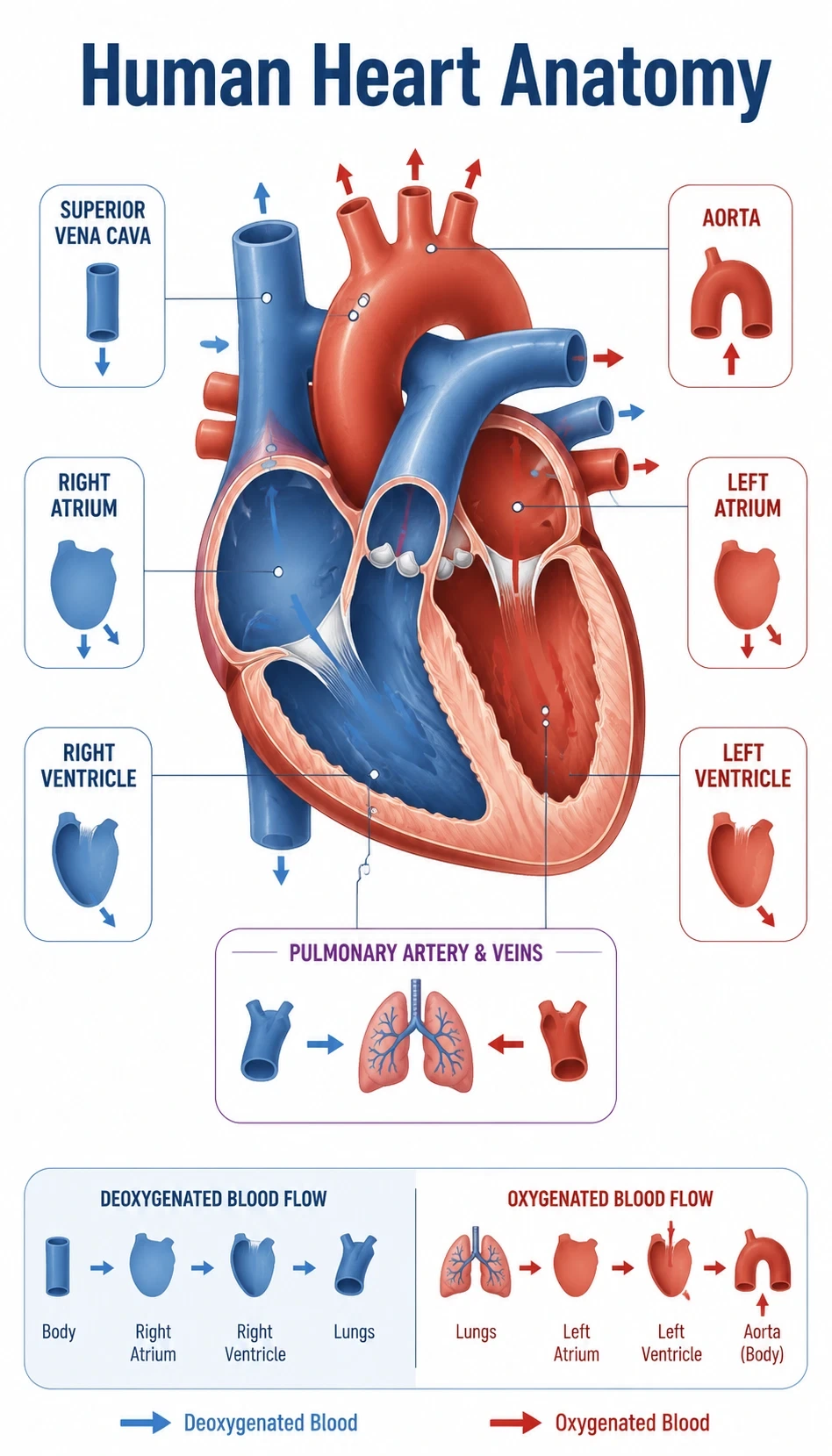 human heart anatomy infographic showing main parts, terms and callouts, how each part functions, spatial relationships