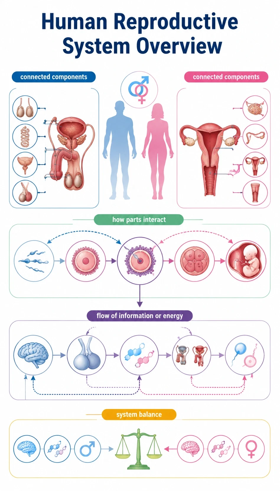 human reproductive system overview infographic showing connected components, how parts interact, flow of information or energy, system balance