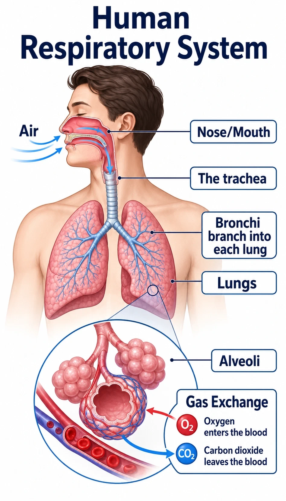 human respiratory system infographic showing Air enters through the nose or mouth, The trachea carries air toward the lungs, Bronchi branch into each lung, Alveoli allow gas exchange