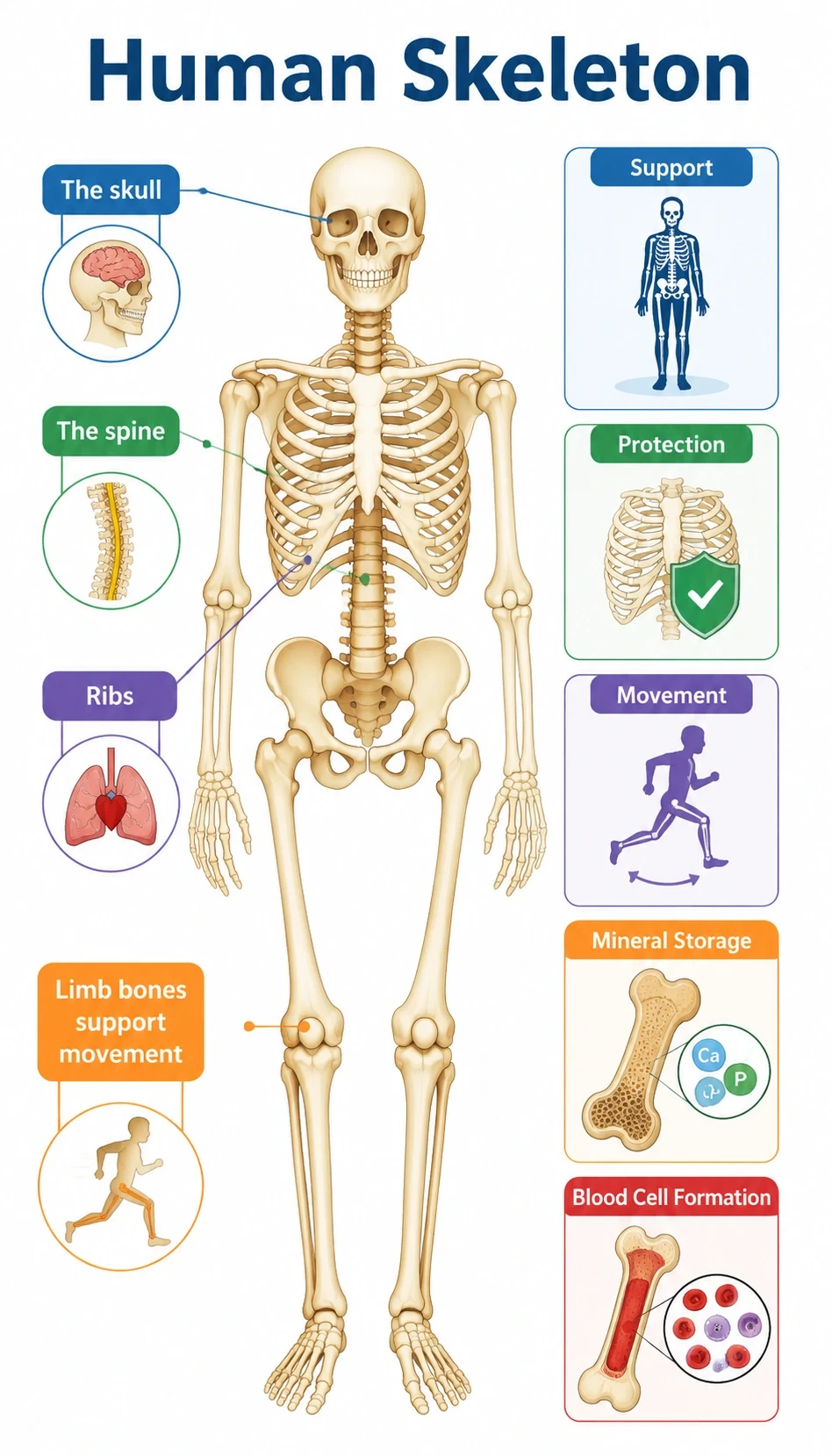 human skeleton infographic showing The skull protects the brain, The spine supports the body and protects the spinal cord, Ribs help protect the heart and lungs, Limb bones support movement